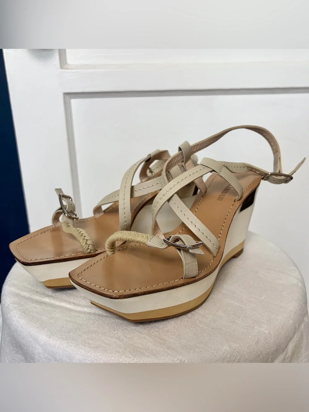 Jil Sander Strappy Leather and Rope Wedge Sandals, beige w/silver, 38, GUC